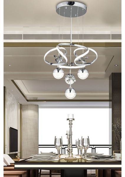 Lüks Modern Salon Mutfak Oturma Odası Avize Kristal Taşlı LED Avize Krom Ledli Avize