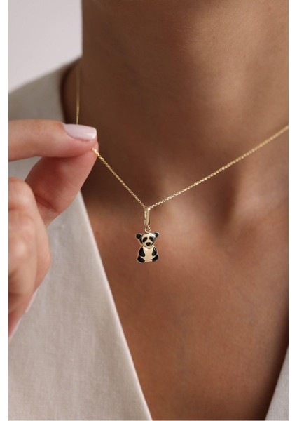 Siyah Mineli Panda Kilitli Charm Kolye