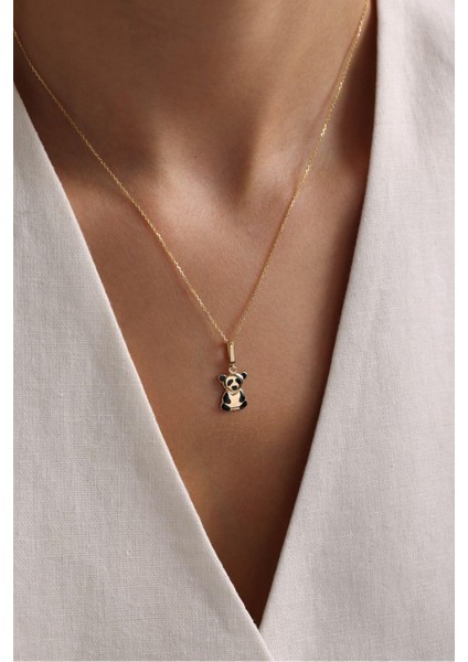 Siyah Mineli Panda Kilitli Charm Kolye