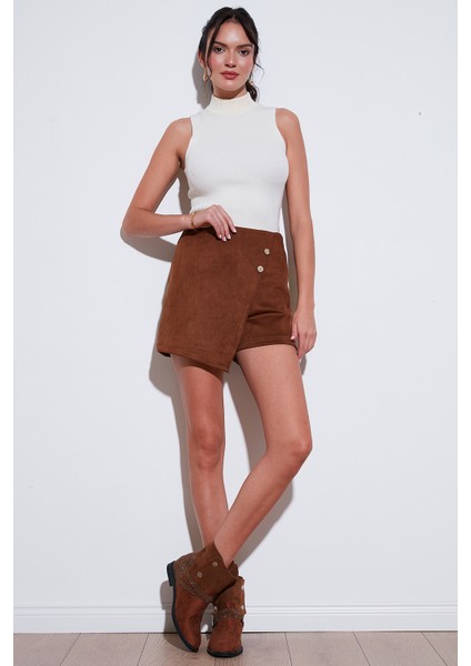 Asimetrik Kışlık Scuba Süet Düğme Detaylı Slim Fit Şort Etek Bayan Şort Etek 5865968