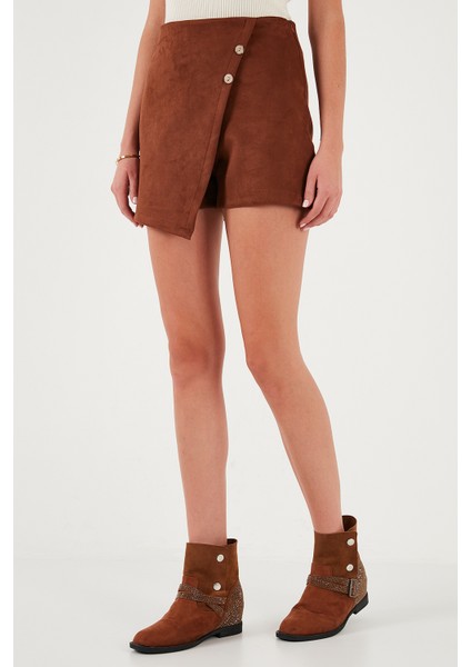 Asimetrik Kışlık Scuba Süet Düğme Detaylı Slim Fit Şort Etek Bayan Şort Etek 5865968 indirimleri