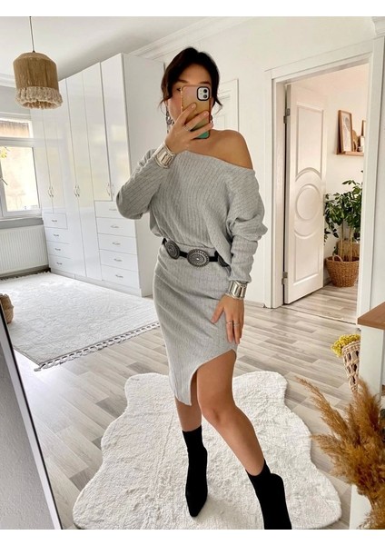 Kadın Uzun Kollu Düşük Omuz Yırtmaç Detay Kaşkorse Etek Bluz Ikili Takım fırsatları