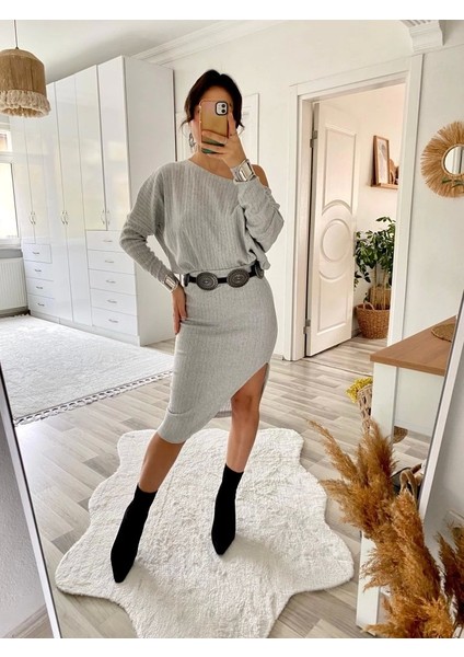 Kadın Uzun Kollu Düşük Omuz Yırtmaç Detay Kaşkorse Etek Bluz Ikili Takım indirimleri
