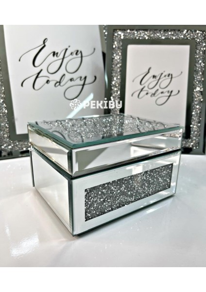 Aynalı Mücevher Kutusu Swarovski Taşlı Gümüş 12X15 cm