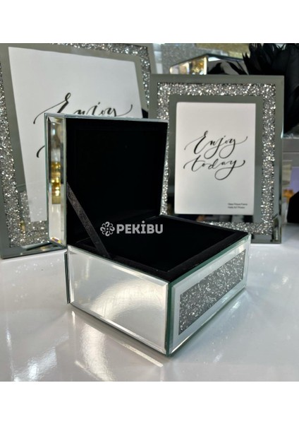 Aynalı Mücevher Kutusu Swarovski Taşlı Gümüş 12X15 cm