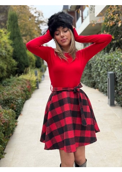 Kadın Uzun Kollu Bisiklet Yaka Üst Viskon Alt Ekose Kısa Elbise indirimleri