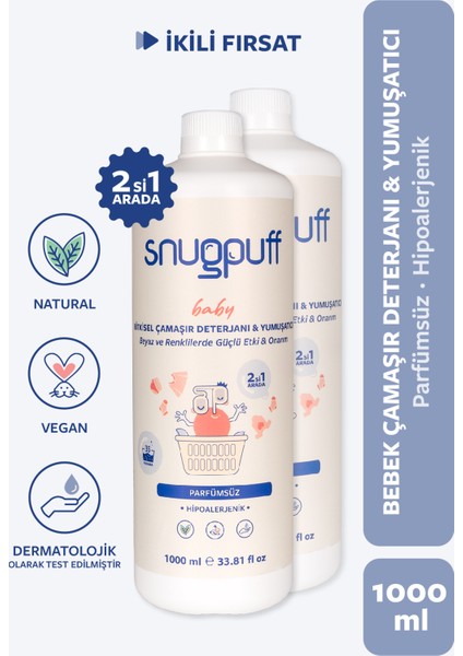 Bitkisel Bebek 2’si 1 Çamaşır Deterjanı + Yumuşatıcı, Hipoalerjenik Parfümsüz Vegan, Sıvı Sabun 1l X2