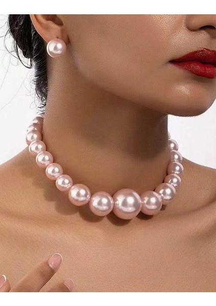 Pembe Büyük Inci Choker Kolye Küpe Set