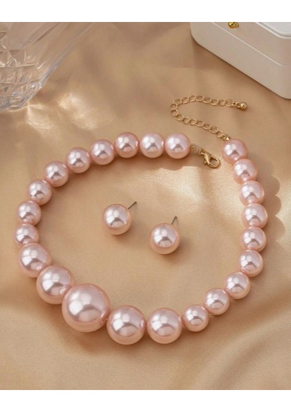 Pembe Büyük Inci Choker Kolye Küpe Set