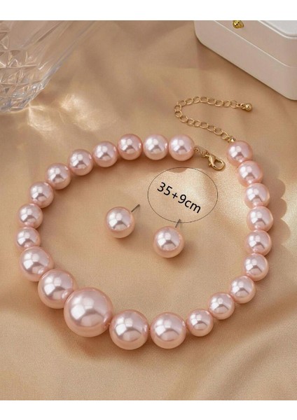 Pembe Büyük Inci Choker Kolye Küpe Set