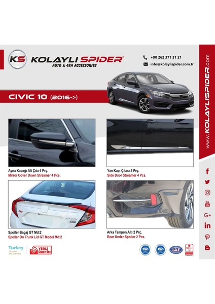 Honda Civic 10 Reflektör Çıtası 2 Prç Krom 2016 ve Sonrası