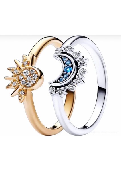 Gökyüzü Işıltılı Güneş ve Gökyüzü Mavisi Işıltılı Ay Yüzük Seti