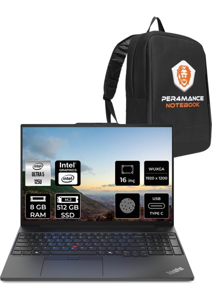 Thinkpad E16 Intel Core Ultra 5 125U 8gb 512GB SSD 16'' Fhd+ Fdos Taşınabilir Bilgisayar & Per4 Çanta 21MA003MTXP302