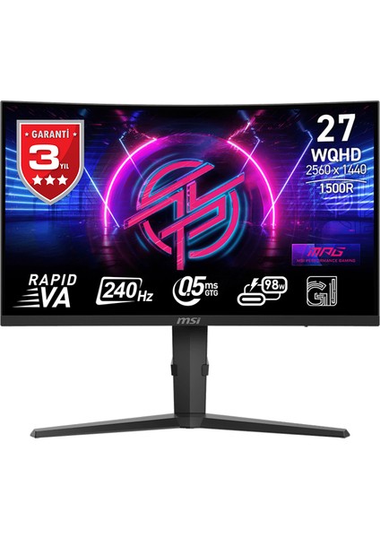 27" MPG 275CQRXF 2560x1440 (WQHD) 16:9 CURVE 1500R RAPID VA 240Hz 0.5MS GTG FREESYNC PREMIUM SIYAH GAMING MONITOR