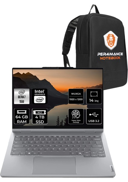 Thinkbook 14 Intel Core Ultra 7 155U 64GB 4tb SSD 14" Fhd+ Fdos Multi-Touch 2-In-1 Taşınabilir Bilgisayar & Per4 Çanta 21MX002VTRP335