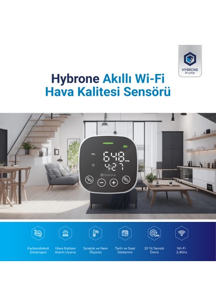 Akıllı Wi-Fi Hava Kalitesi Sensörü, Karbondioksit Göstergesi, Sıcaklık ve Nem Ölçer, Uygulama ile Anında Bildirim, 10 Yıl Pil Ömrü