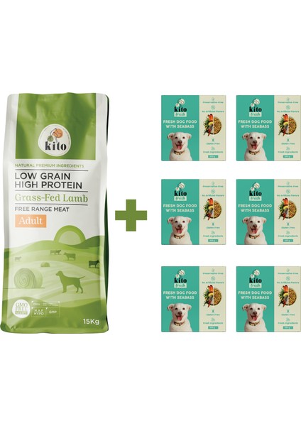 Yetişkin Köpek Maması 15 kg + Balık Etli Kito Fresh (Levrek) x 6