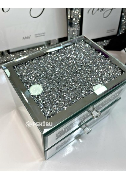 Aynalı Mücevher Kutusu Swarovski Taşlı Çekmeceli Gümüş