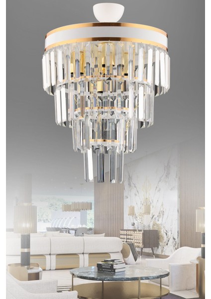 Şık 5'li Beyaz Kristal Taşlı Modern Avize, 35x57 cm, parlak ve zarif tasarım