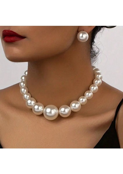 Beyaz Büyük Inci Choker Kolye Küpe Set