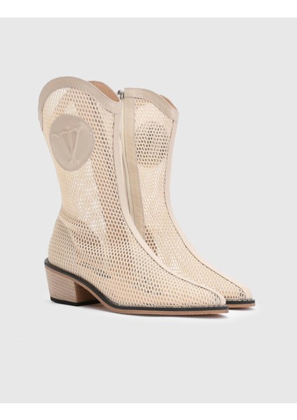 Reijo Hakiki Deri File Kadın Bej Topuklu Bot