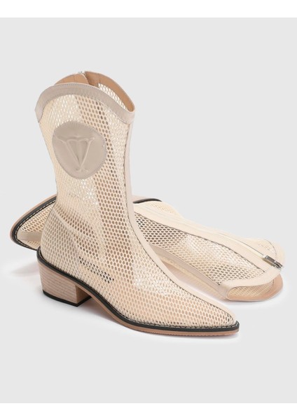 Reijo Hakiki Deri File Kadın Bej Topuklu Bot fiyatları