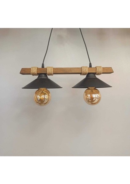 Modern ahşap ve halatlı çift sarkıt avize, doğal ve şık tasarım, 2 başlık, 25x50 cm