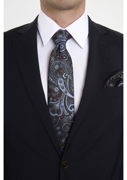 Kahverengi Mavi Şal Motif Desen Kravat Mendil Set