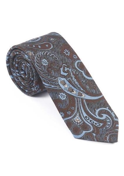 Kahverengi Mavi Şal Motif Desen Kravat Mendil Set
