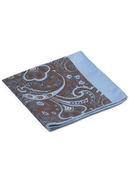 Kahverengi Mavi Şal Motif Desen Kravat Mendil Set
