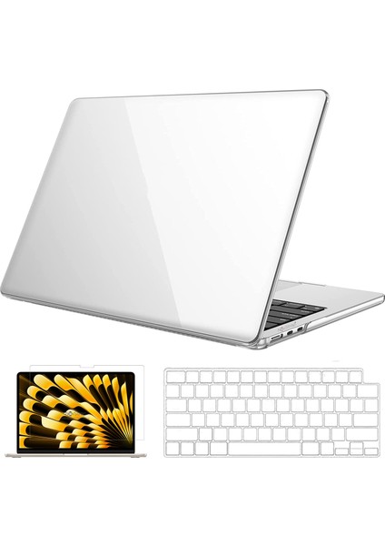 Novstrap Apple Macbook Air M3 Çip 13.6 Inç A3113 ile Uyumlu Parlak Kılıf + Şeffaf Klavye Kılıfı+Film