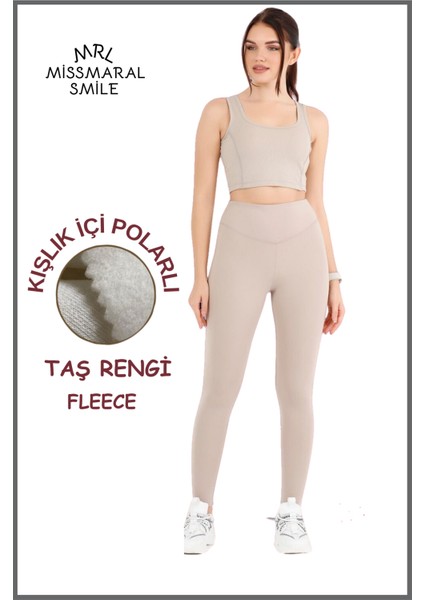 Büyük Beden Tayt Kadın Kışlık Içi Polarlı Taş Rengi Yüksek Bel Toparlayıcı Tayt Curve Winter B1024