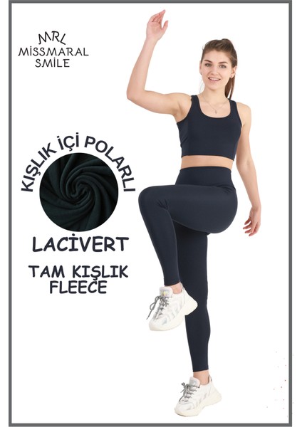 Büyük Beden Tayt Kadın Kışlık Içi Polarlı Lacivert Yüksek Bel Toparlayıcı Tayt Curve Winter B1024