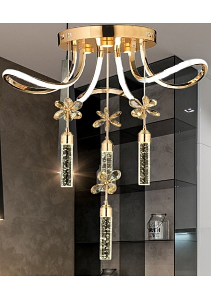 Luxury Postmodern Kristal Taşlı Sarkıt Kelebek Taşlı LED Avize Gold Sarı
