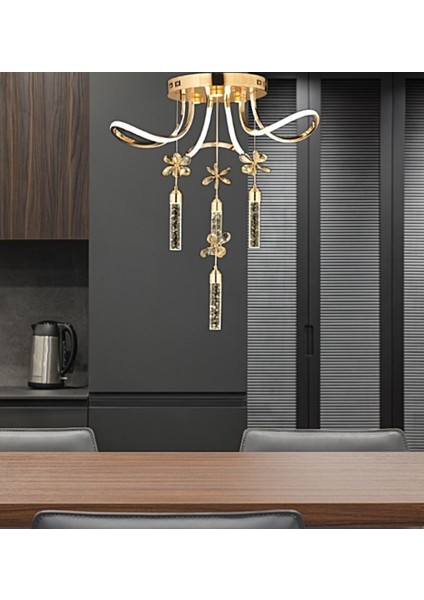 Luxury Postmodern Kristal Taşlı Sarkıt Kelebek Taşlı LED Avize Gold Sarı