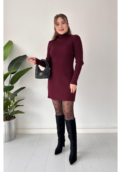 Yarım Balıkçı Triko Elbise Bordo