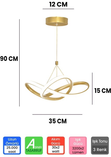 3 Renk Gold Kumandalı Dimmerli 4 Modlu Modern Sarkıt LED Avize