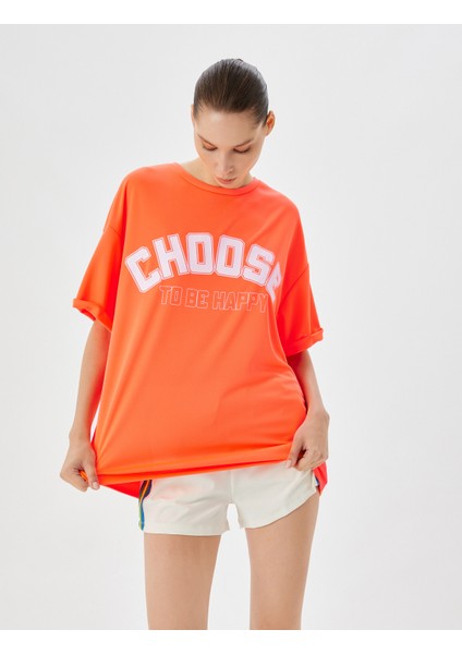 Oversize Spor Tişört Slogan Baskılı Bisiklet Yaka Kısa Kollu