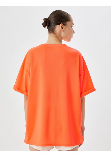Oversize Spor Tişört Slogan Baskılı Bisiklet Yaka Kısa Kollu