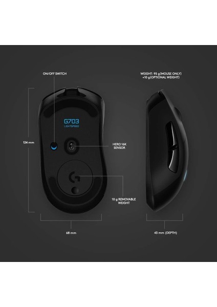 G703 Lightspeed 25.600 Dpı Hero Sensörlü Kablosuz Siyah Oyuncu Mouse 910-005644 (Ithalatçı Garantili)
