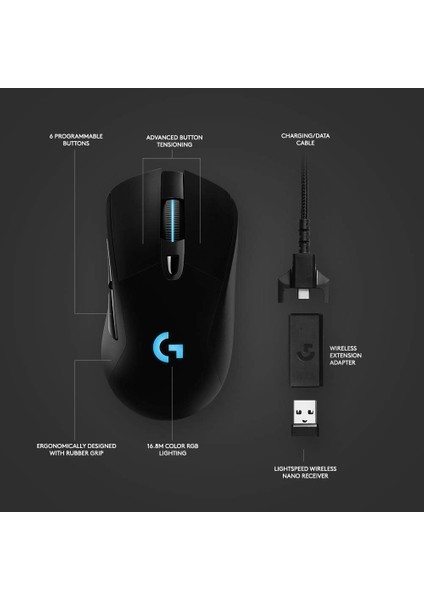 G703 Lightspeed 25.600 Dpı Hero Sensörlü Kablosuz Siyah Oyuncu Mouse 910-005644 (Ithalatçı Garantili)