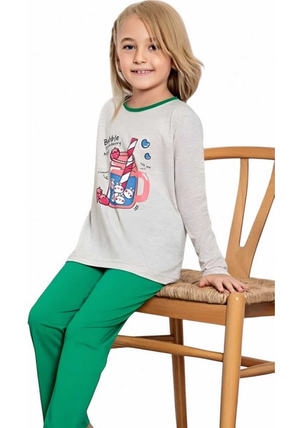 Kız Çocuk Pamuklu Uzun Kollu Desenli Pijama Takımı