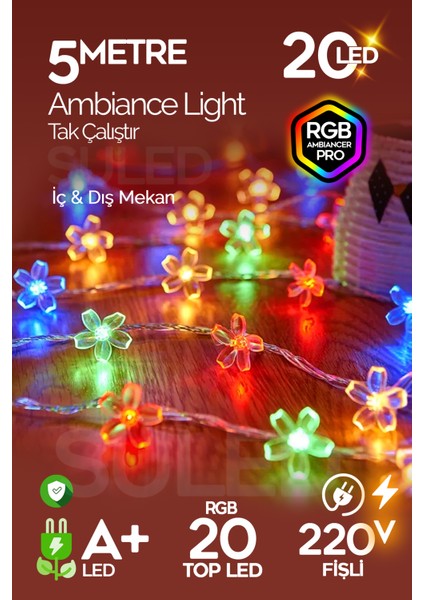 Rgb 5 Metre Gül LED 20 LED 220V Fişli Tak Çalıştır Dekoratif Iç ve Dış Mekan Süsleme Işığı