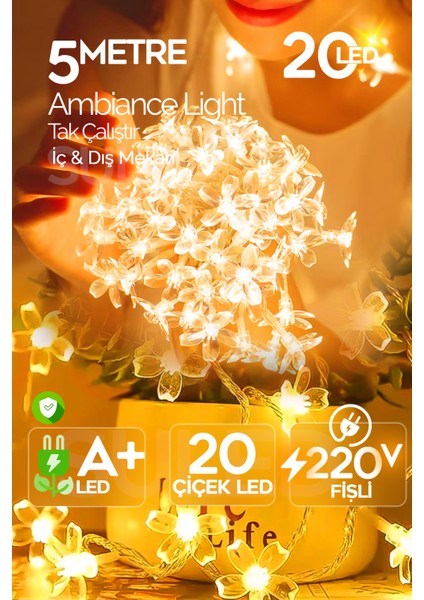 Dekoratif Çiçekler 5mt LED Işık Sarı Iç ve Dış Mekan 220V 20 Çiçek LED Parti Süsleme Dekor