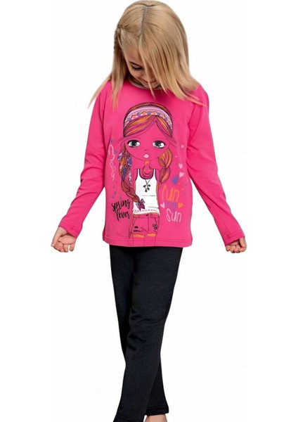 Kız Çocuk Pamuklu Uzun Kollu Desenli Pijama Takımı