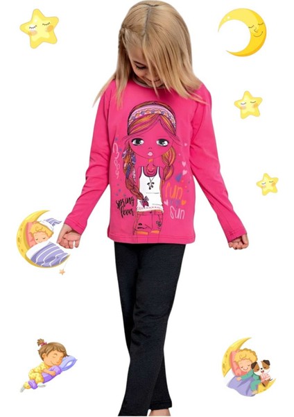 Kız Çocuk Pamuklu Uzun Kollu Desenli Pijama Takımı fırsatları