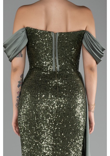 Kayık Yaka Yırtmaçlı Kuyruklu Uzun Pullu Abiye ABU4085 fırsatları