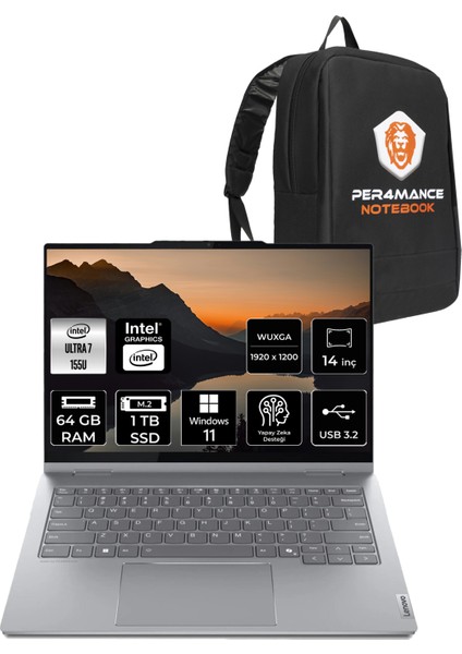 Thinkbook 14 Intel Core Ultra 7 155U 64GB 1tb SSD 14" Fhd+ W11P Multi-Touch 2-In-1 Taşınabilir Bilgisayar & Per4 Çanta 21MX002VTRP413