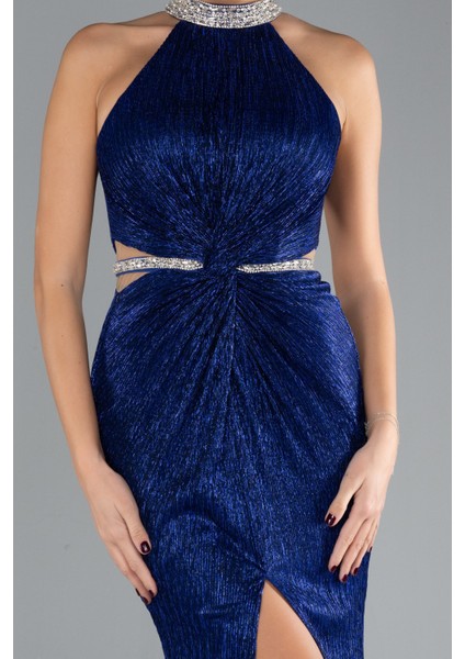 Halter Yaka Bacak Dekolteli Uzun Simli Abiye ABU4324 modelleri