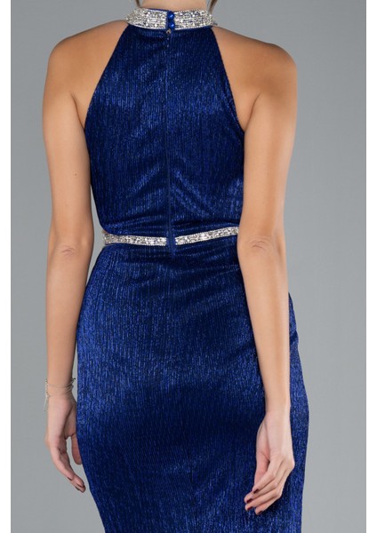 Halter Yaka Bacak Dekolteli Uzun Simli Abiye ABU4324 fırsatları